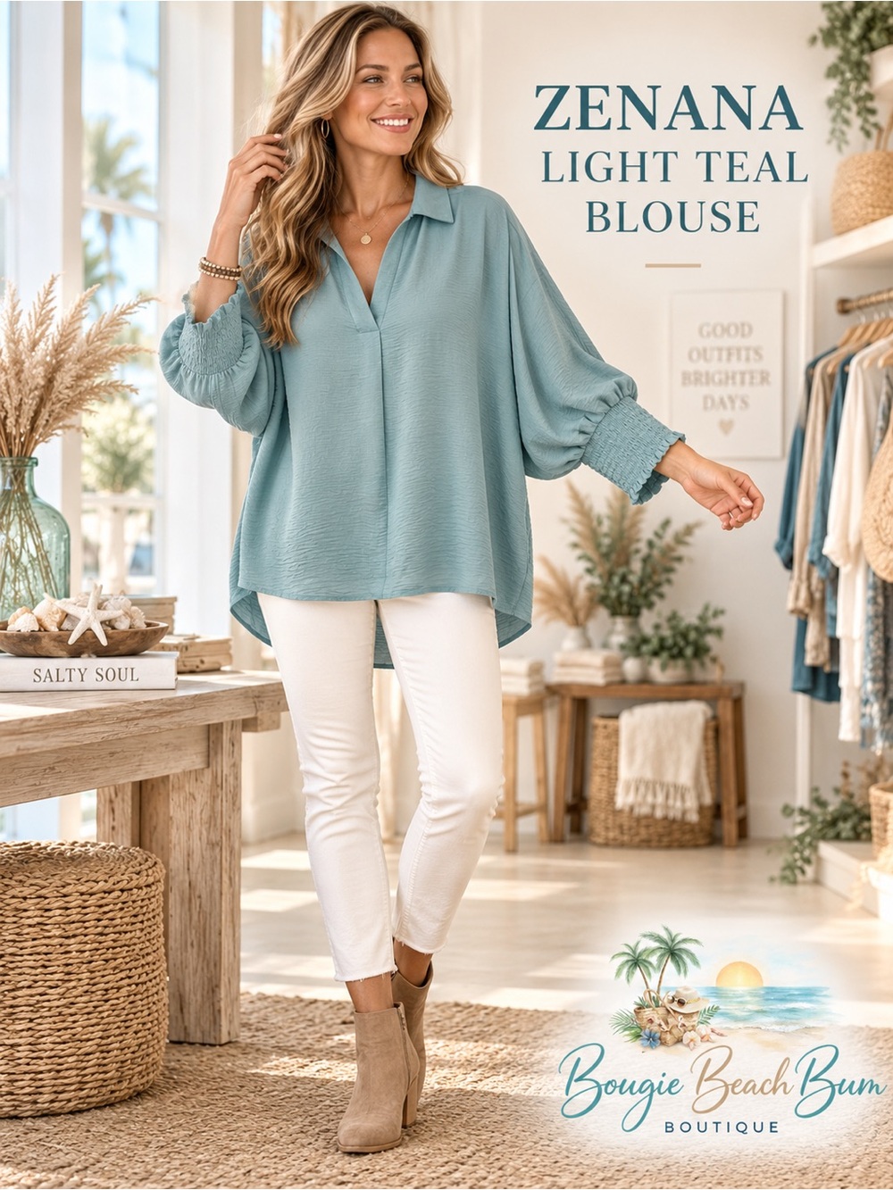 Zenana Light Teal Crinkle Blouse Smocked Cuffs Oversized Collared Top
